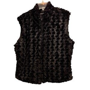 Cejon Womens Vest Black L Shag Faux Fur Satin Like   Lined Full Zip Classy